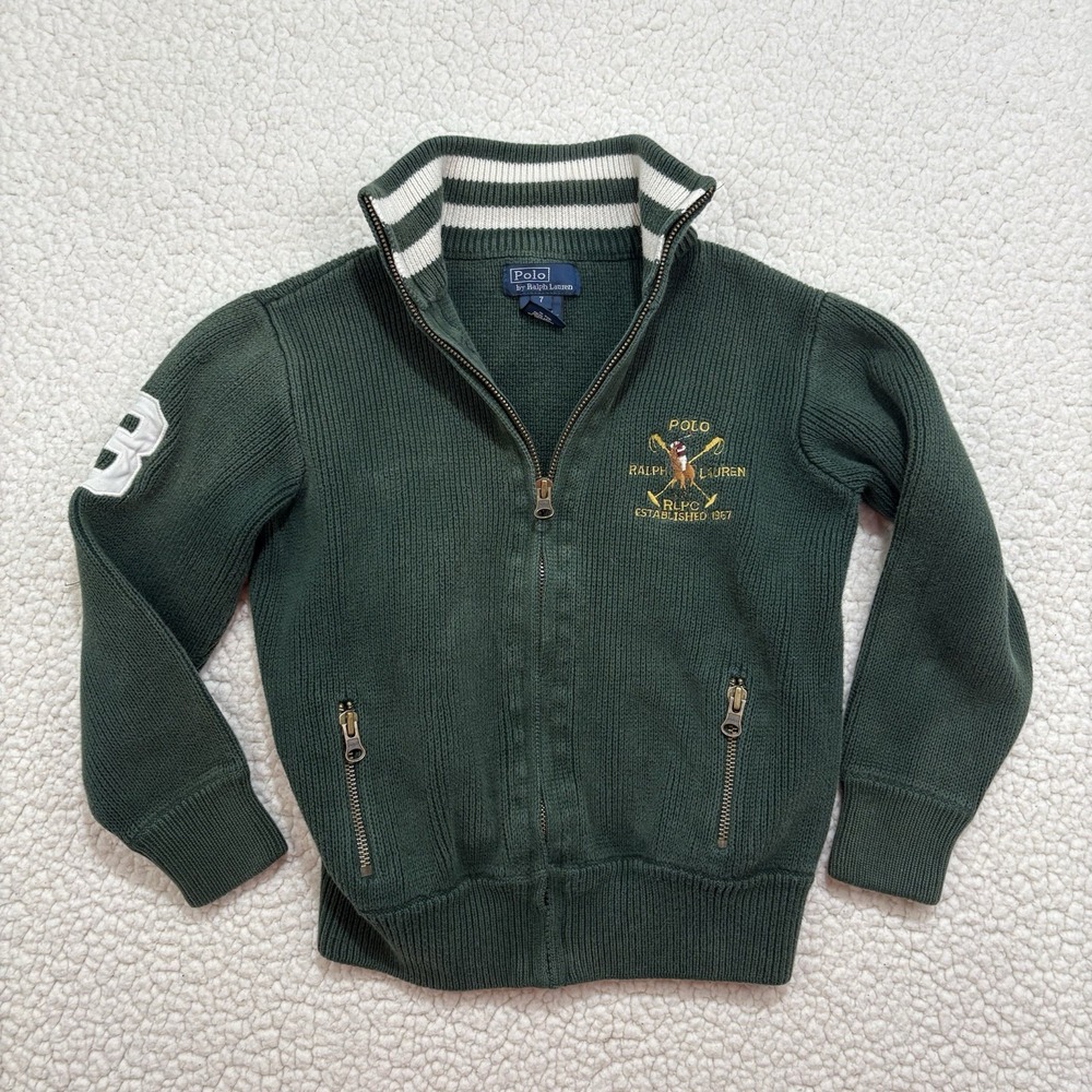 Polo Ralph Lauren Boys Green Big Pony Full Zip Cotton Cardigan Sweater Size 7